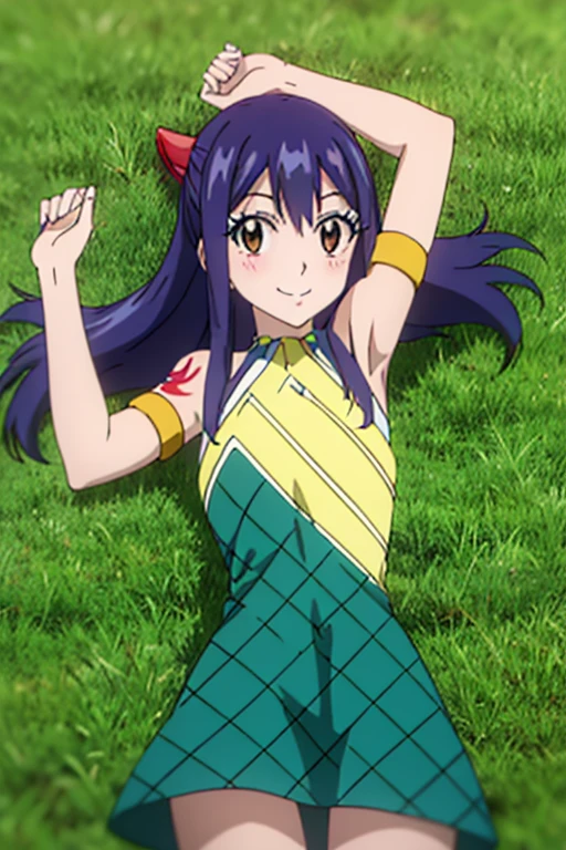 WENDY MARVELL, LONG HAIR, (BROWN EYES:1.2), BLUE HAIR, BARE SHOULDERS, TATTOO, ARMLET, DRESS, GREEN DRESS, 1girl, solo, facing viewer, looking at viewer, cowboy shot, smile, lying on back, on grass, arms up, blushing, nervous,