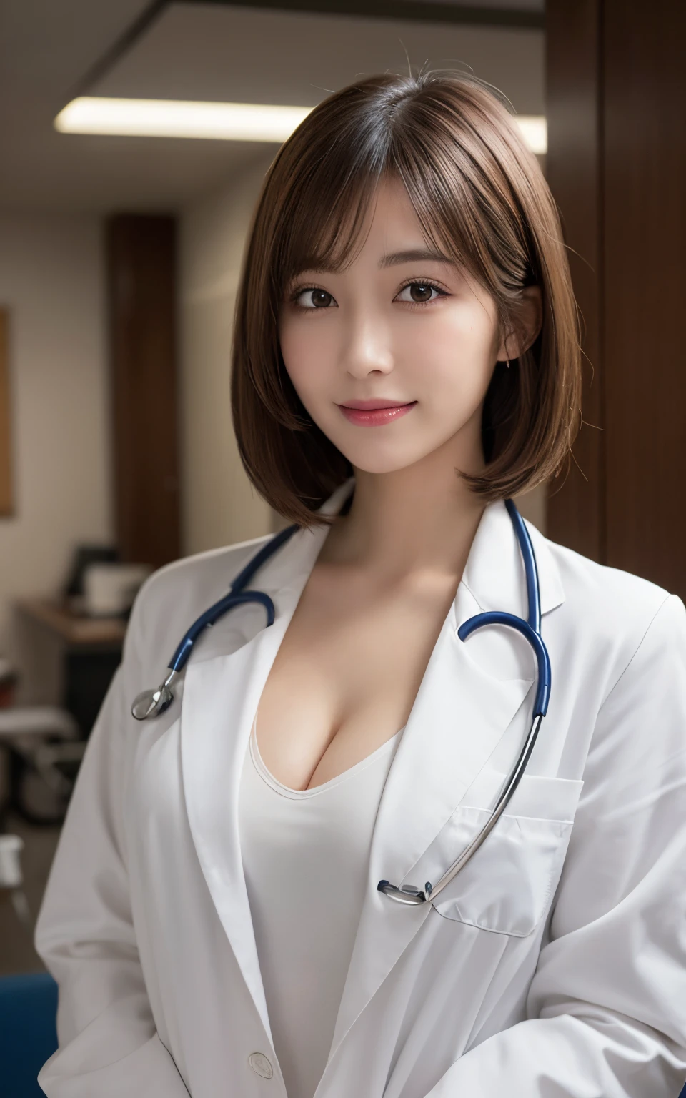 masutepiece, Best Quality, Illustration, Ultra-detailed, finely detail, hight resolution, 8K Wallpaper, Perfect dynamic composition, Beautiful detailed eyes, Doctor's attire,Bob Hair, mid-chest, Natural Color Lip, Random and sexy poses,Smile,20 years girl、Colossal tits、Examination room、stethoscope