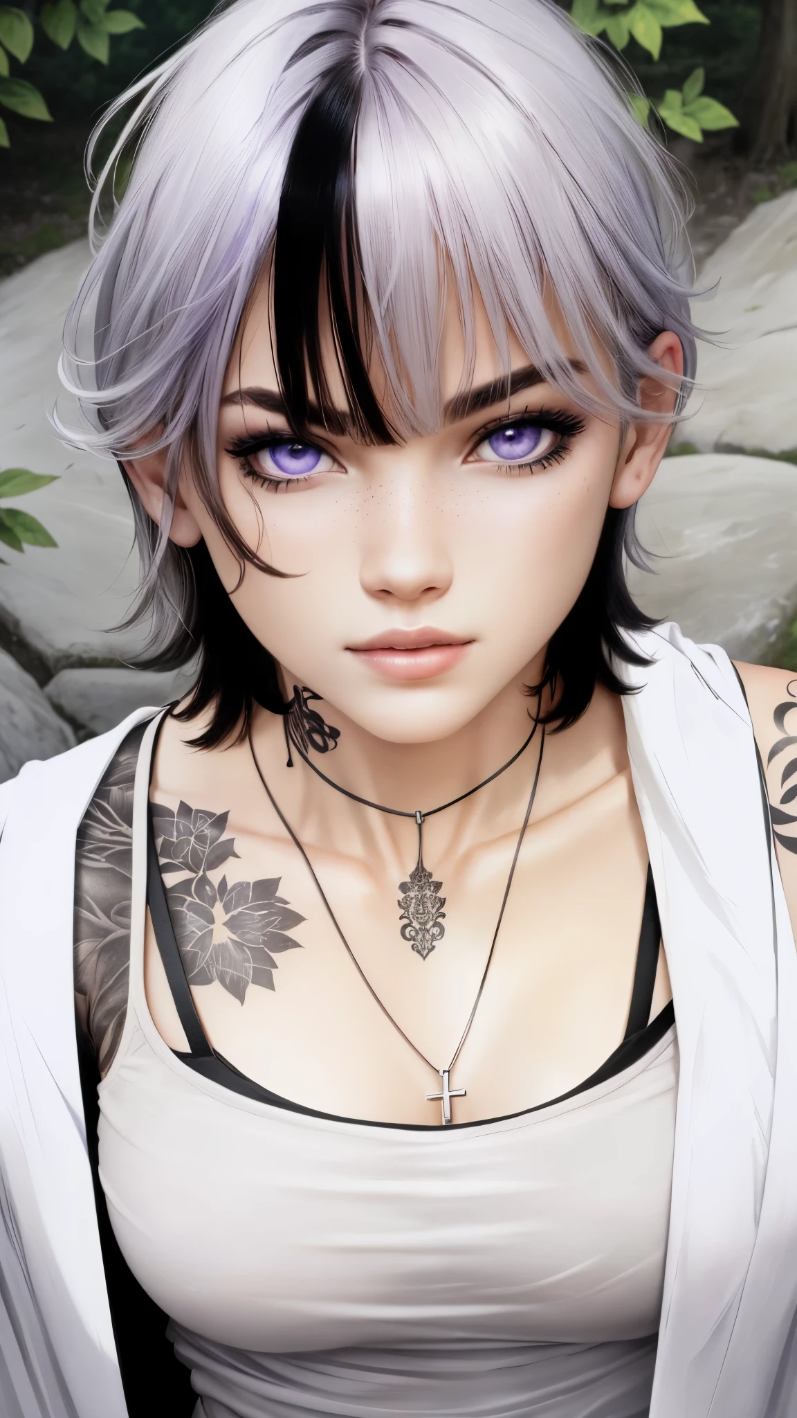 close-up of a man with a tattoo on his chest, A  girl, white short hair with bangs, black strands of hair, violet eyes, white T-shirt and white cape, pendant around the neck. extra high resolution.photo-realistic:1.4,UHD.  Realistic，High resolution without, Masterpiece, Best Quality, Ultra-detailed, better shadow, voluminous lighting), Super High Quality, High Resolution, 8K, Hyper-realistic portrait , photorealestic, dinamic lighting, voluminous lighting, Very Detailed Faces, cherry tree tattoo on shoulder, shadow near the nose