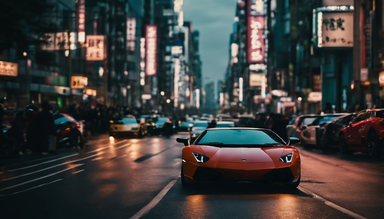 A cinematic photorealistic shot of A Lamborgini street racing, crowded streets of Tokyo, neon colors, hip-hop culture, Calculus Contours, in the style of Tokyo Drift