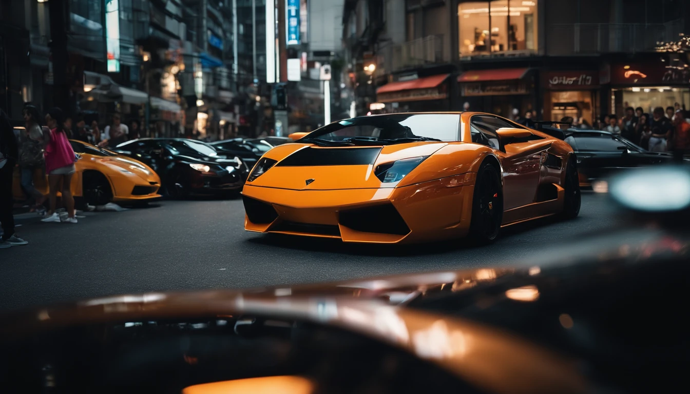 A cinematic photorealistic shot of A Lamborgini street racing, crowded streets of Tokyo, neon colors, hip-hop culture, Calculus Contours, in the style of Tokyo Drift