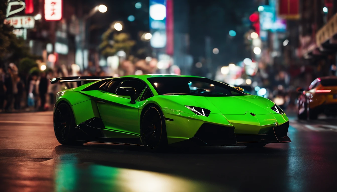 A cinematic photorealistic shot of A Lamborgini street racing, crowded streets of Tokyo, neon colors, hip-hop culture, Calculus Contours, in the style of Tokyo Drift