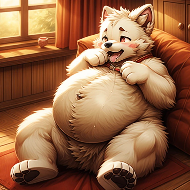 tmasterpiece，Cute big breasts，Best quality，ultra - detailed，Anthropomorphic puppy，Cute puppy，There are a little red details on the ears and paws，White fur，belly bulge，Embarrassing，face flushed，panting，molasses，drools，Tired，My belly is bulging，The belly is big and round，Sweated，room environment，