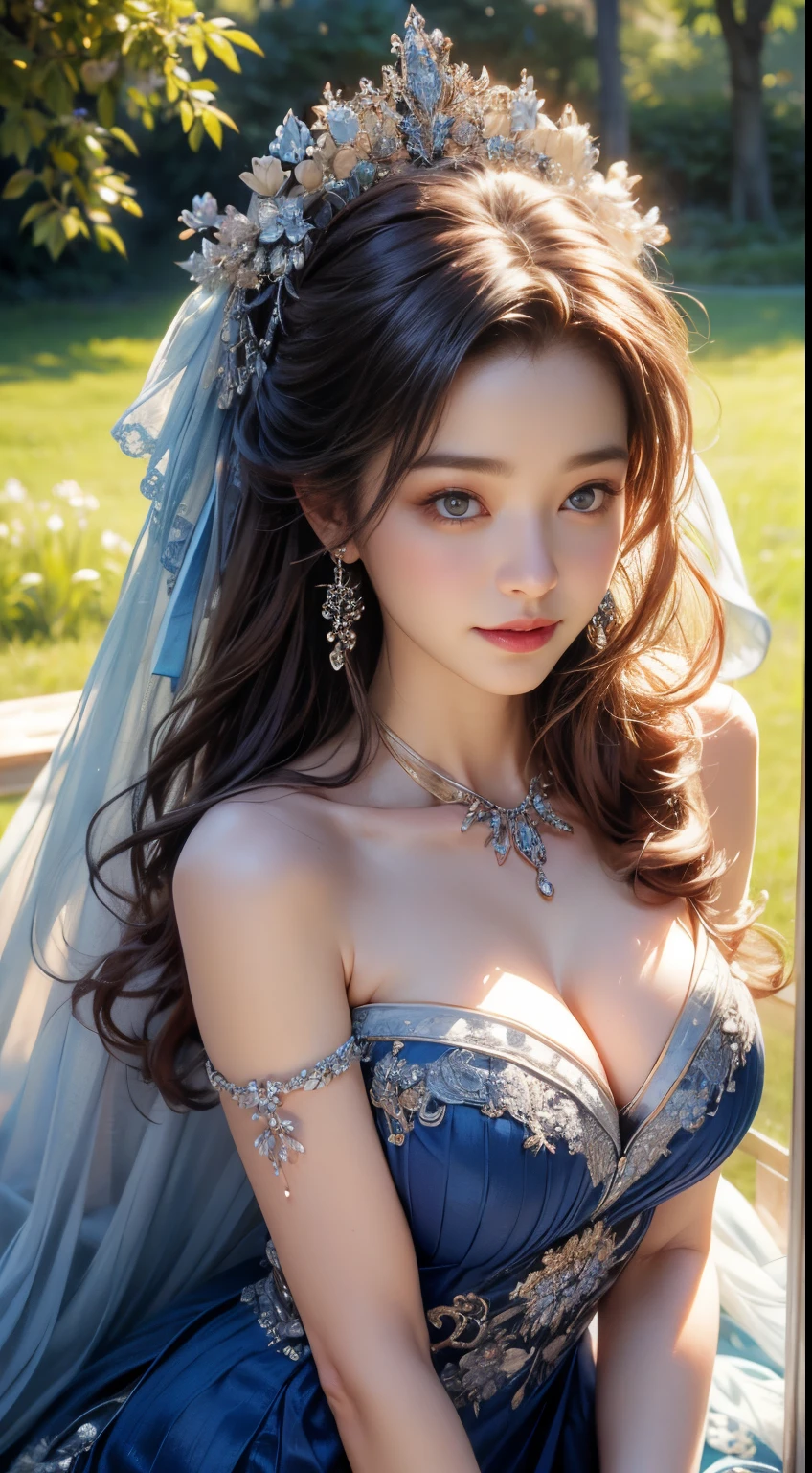 (Best quality at best,4K,8K,A high resolution,tmasterpiece:1.2),ultra - detailed,(actual,realistically,realistically:1.37),Girl in a luxurious blue dress,The eyes shone with joy, Her lips curved slightly，show a calm smile. The sun casts a warm golden light on her face, Enhance her beauty. Flower colors range from vibrant pinks and purples to soft pastel shades, Create harmonious and visually pleasing compositions. Lighting is soft and diffuse, Create a dreamy and ethereal atmosphere. Girl standing in the middle of the field, raise your arms slightly, As if she is embracing the beauty of nature. The composition is carefully balanced, girl&#39;s position is off center, Create a sense of movement and vitality. The details of the flowers are extremely intricate, Each petal and leaf is meticulously rendered. That girl&#39;The skirt elegantly surrounds her, Add elegance and femininity to the scene. All inclusive, The artwork evokes a feeling of joy, chill out, and appreciation of the beauty of nature..........