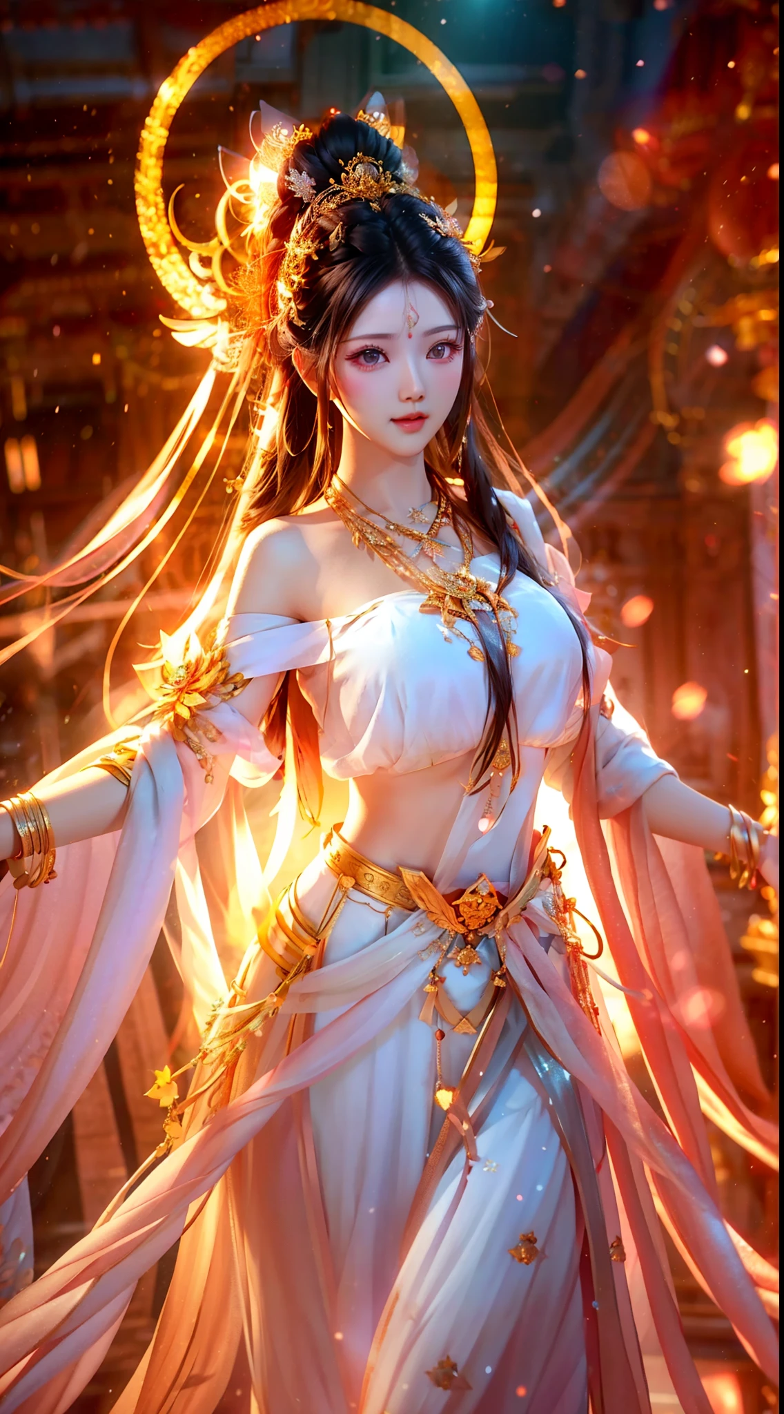 best quality, masterpiece, highres, 1girl,blush,(seductive smile:0.8),star-shaped pupils,white dress,hair ornament,necklace, jewelry,Beautiful face,upon_body, tyndall effect,photorealistic, dark studio, rim lighting, two tone lighting,(high detailed skin:1.2), 8k uhd, dslr, soft lighting, high quality, volumetric lighting, candid, Photograph, high resolution, 4k, 8k, Bokeh,huge tits,wide hips,(nsfw:0.6),