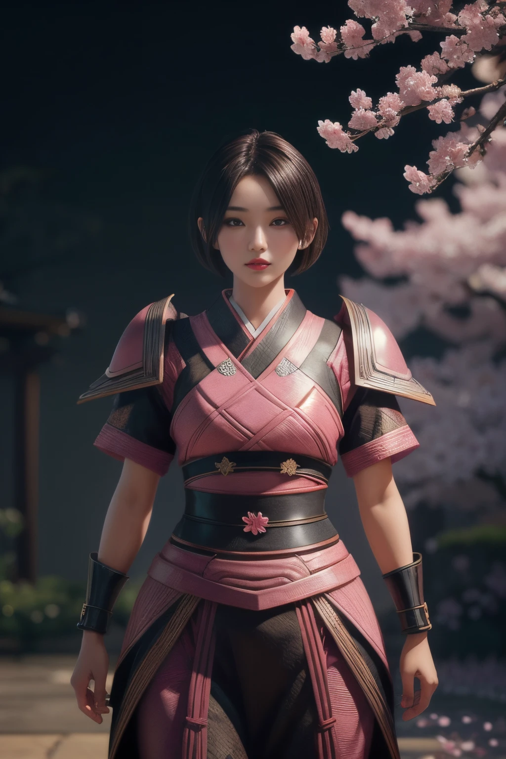 beautiful japanese young woman, wearing ninja armor, thick symmetrical features, very short hair, background is cherry blossoms, pink aura, red lips, octane render,