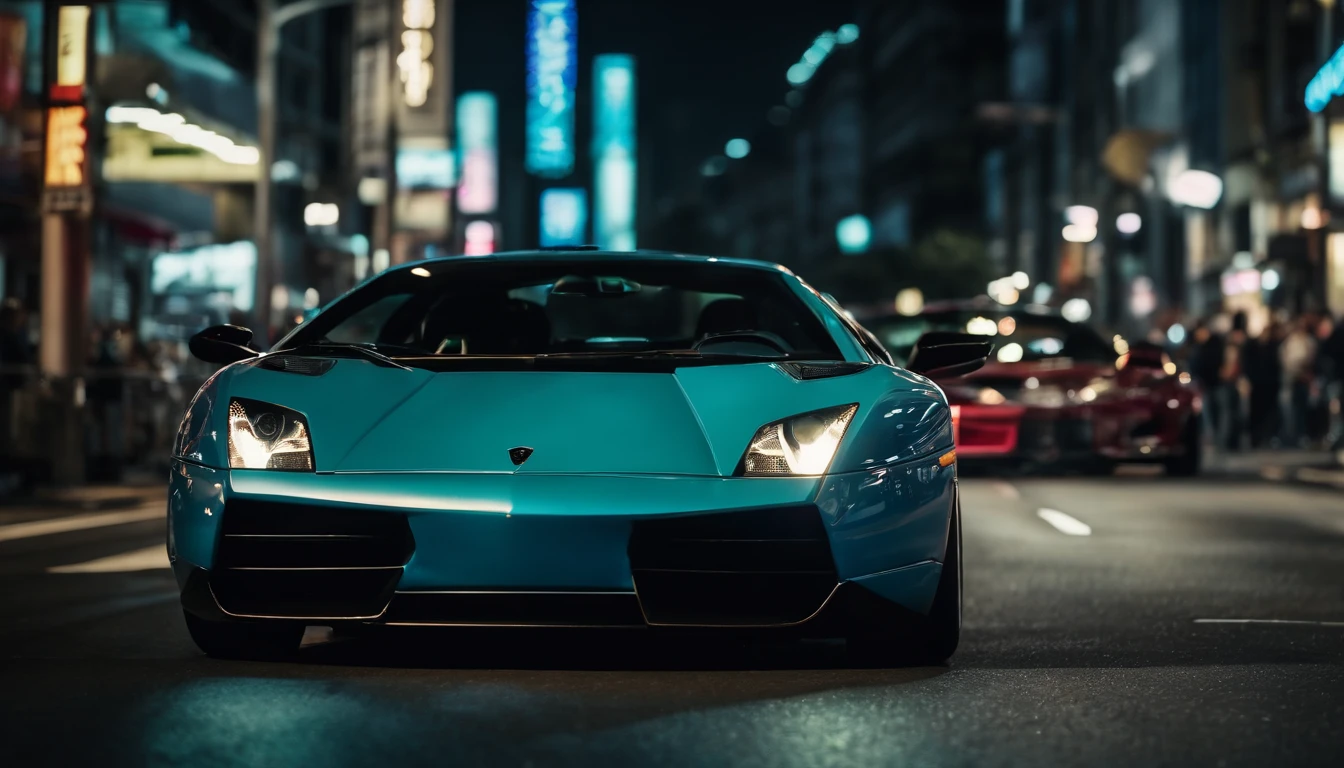 A cinematic photorealistic shot of A Lamborgini street racing, crowded streets of Tokyo, neon colors, hip-hop culture, Calculus Contours, in the style of Tokyo Drift