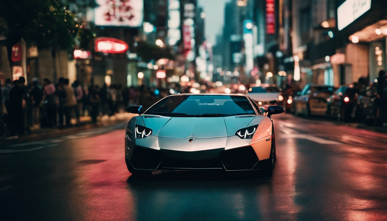 A cinematic photorealistic shot of A Lamborgini street racing, crowded streets of Tokyo, neon colors, hip-hop culture, Calculus Contours, in the style of Tokyo Drift