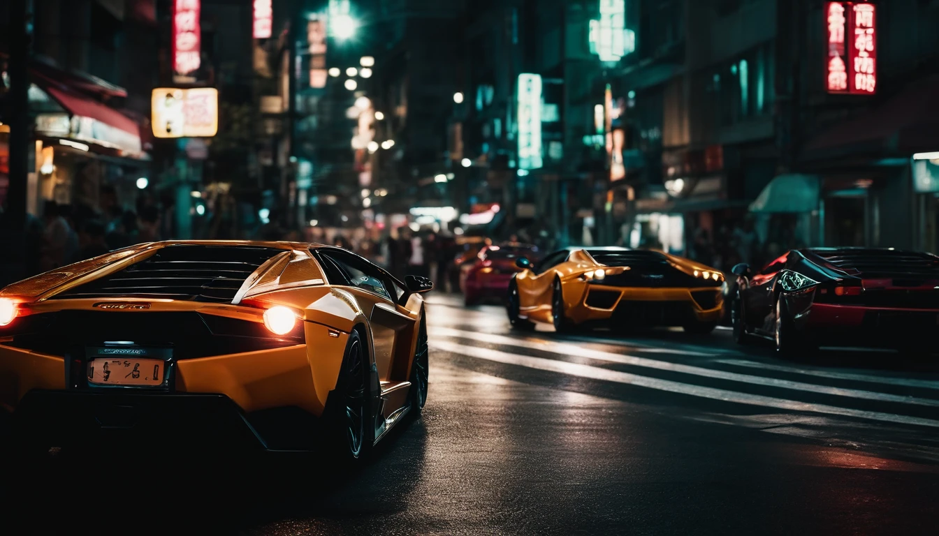 A cinematic photorealistic shot of A Lamborgini street racing, crowded streets of Tokyo, neon colors, hip-hop culture, Calculus Contours, in the style of Tokyo Drift