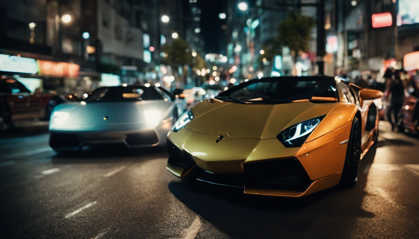 A cinematic photorealistic shot of A Lamborgini street racing, crowded streets of Tokyo, neon colors, hip-hop culture, Calculus Contours, in the style of Tokyo Drift