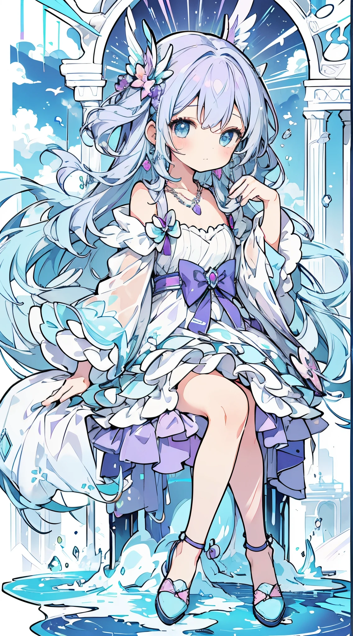 (full bodyesbian:1.2), Drawing from the front, a beauty girl, Masterpiece, top-quality, Wear cute light blue shoes, (Gradation from light purple to light blue:1.3), Two-color hair, long natural permed hair, fluffy hair, light blue eyes, light purple off-the-shoulder dress, earrings with purple jewels、a necklace ((Sit on the clouds)) kawaii ((Close-up of the whole body while sitting from the front:1.2))