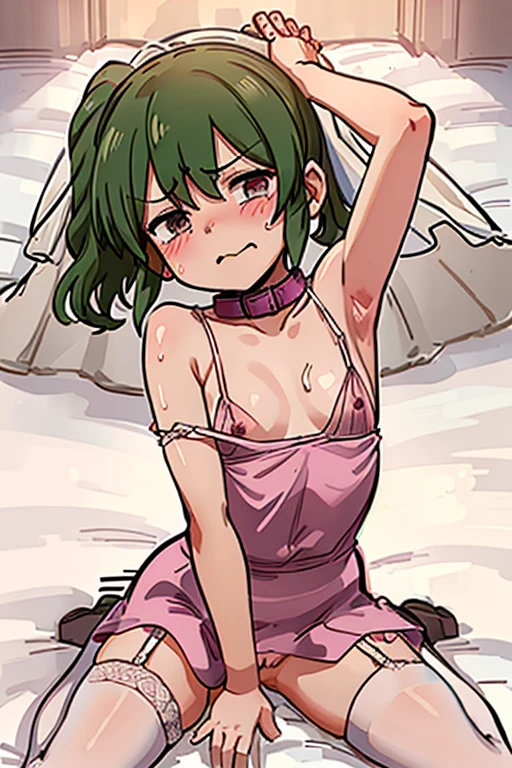 Elementary school height, small, short, small breasts, ponytail, ((uncensored)), ((pussy)), (disgust), blush, exposed breasts, ((pink nipples)), watery eyes, ((white garter belt)), ((white stockings)), ((wedding veil)), rape ,chikan,sex, Lactation,show off pussy,front angle,spread legs, sitthing,arms behind head,child,elementary school student,((sobbing)), tears,((collar for dogs)),((Lie on your back with your arms and legs spread apart)),((Lie on back)),((no bra)),