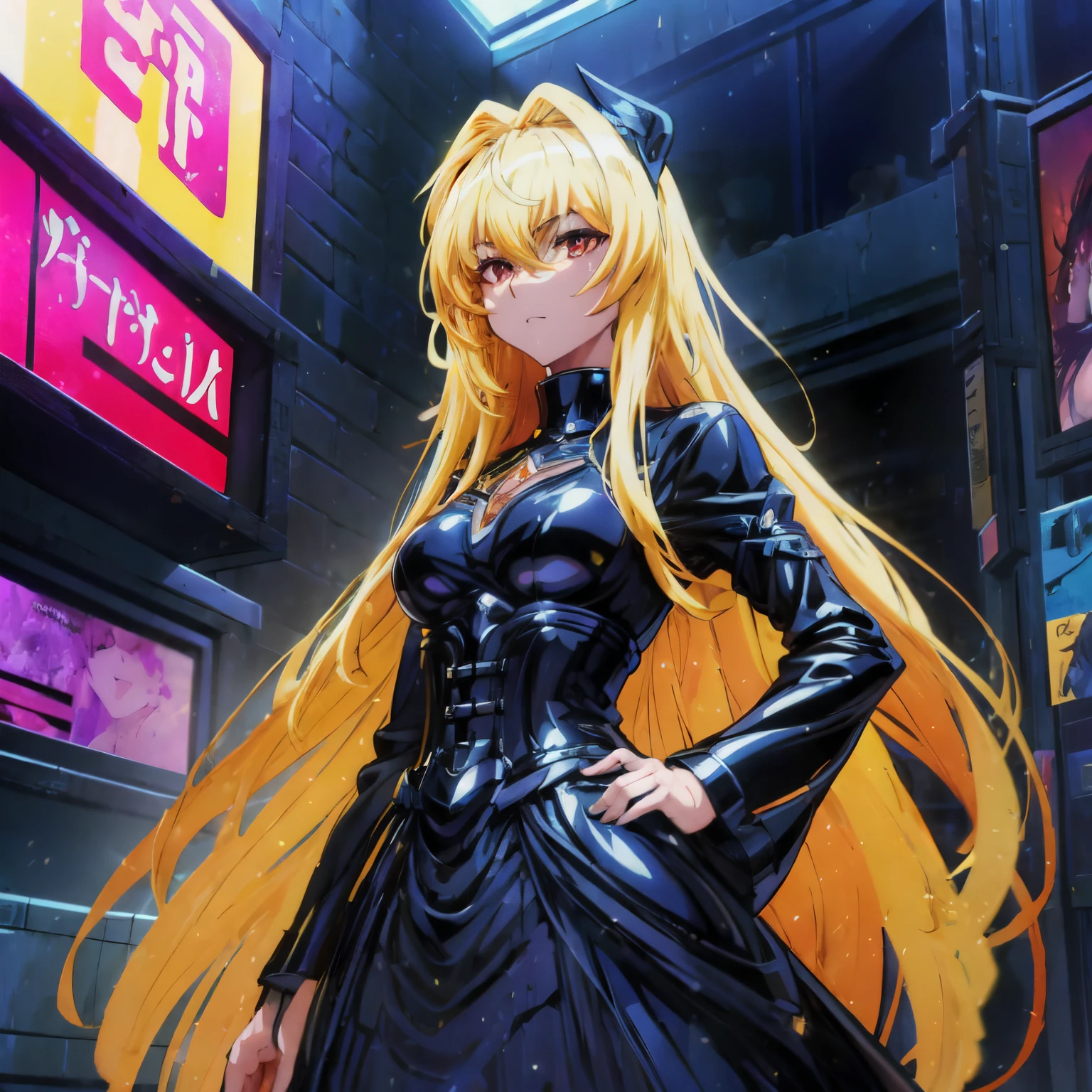 Yami the Golden Darkness wearing gloss black battle dress with silver accents, hands on hips, staring at another person, messy long yellow hair, cute red eyes, amazing beauty and incredible presence, dynamic pose, delicate face, beautiful red eyes, confident facial expression, 8k high detail, very detailed, anatomically correct, digital painting, concept art, Shinkai Makoto art style, clear picture, city, full-body portrait, masterpiece, super fine photo, best quality, 8K super high resolution, 2D anime