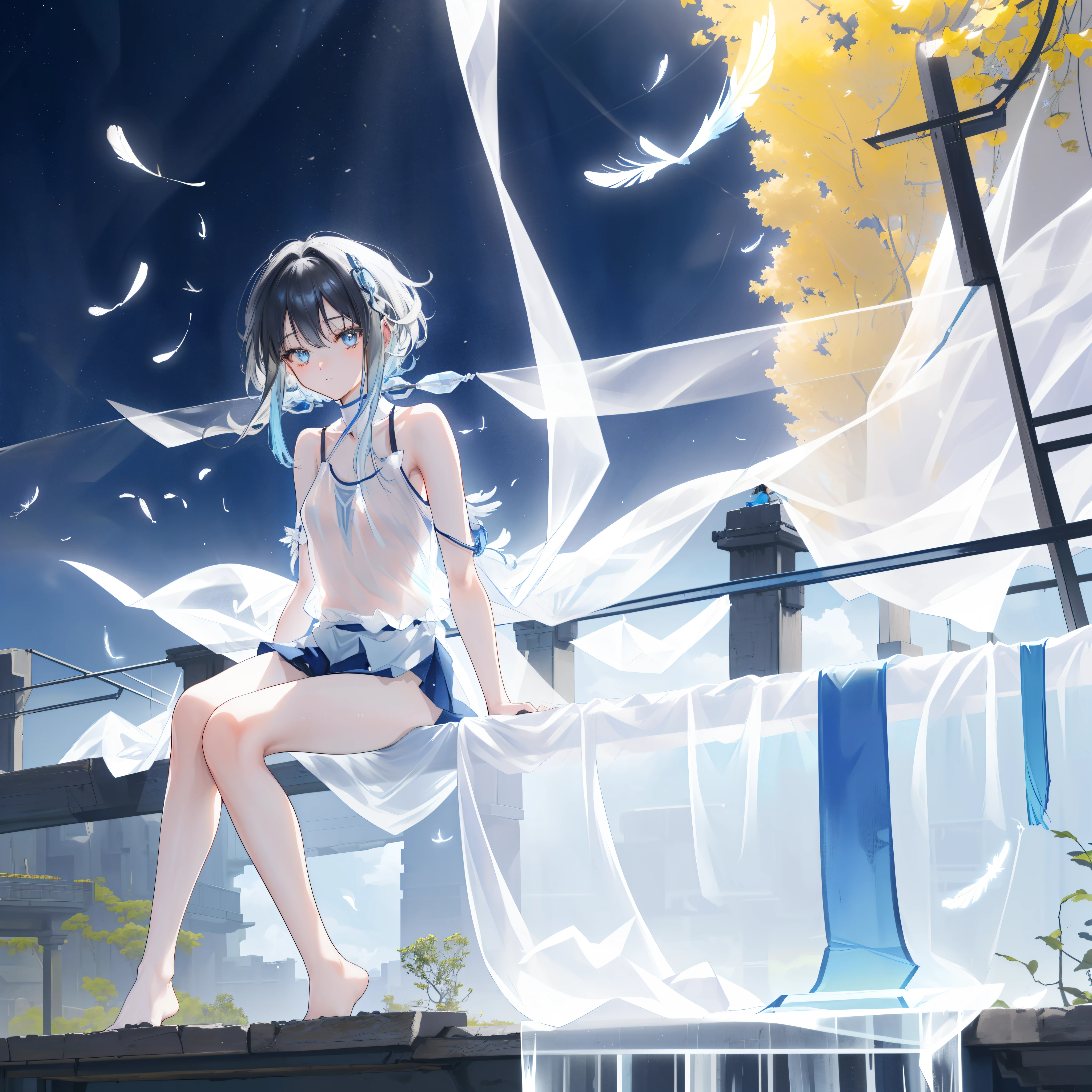 ((A long shot)) of a black haired anime girl, (sitting near a (river), ((strong sunlight)), cinematic light, slim body, skin is perfectly healthy, soft, and smooth, Extremely delicate and beautiful CG illustration, best quality, high resolution, dynamic angle, full-length lens, (1 girl), floating, soft light, high-key lighting), glowing light, blue halo, feathers fluttering background, blue crystal, (((wearing nothing but a white (pure) (transparent) tank top))), ((very cinematic))
