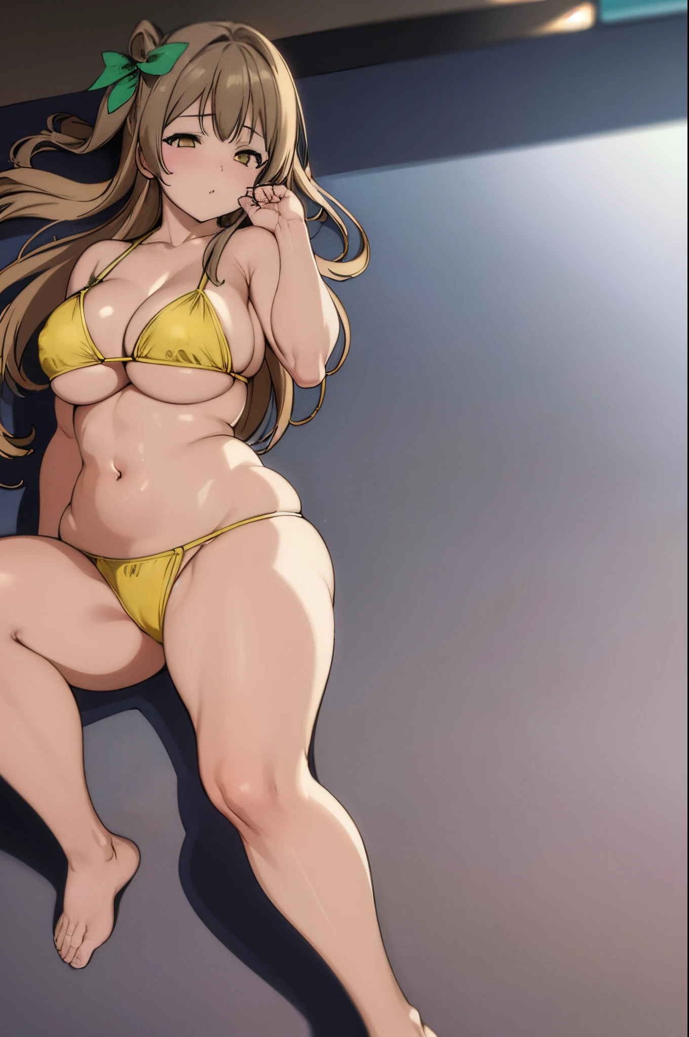 ((best quality)), ((masterpiece)), yellow micro bikini, minami kotori, curvy body,sexy, big breasts, thighs , sexy pose, laying on ground