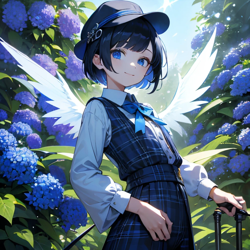 (masterpiece, best quality:1.2), ((ultra detailed, 8k, ))smile, (Petite Slim), 1girl, blue black very short hair, flipped hair, dark blue eyes, tareme, have a magic rod, newsboy cap, beautiful long sleeves shirts and plaid short pants, white glove, Beautiful botanical garden, plot with blue flowers of borage pine, magic effects, white dragon wings accessory is back