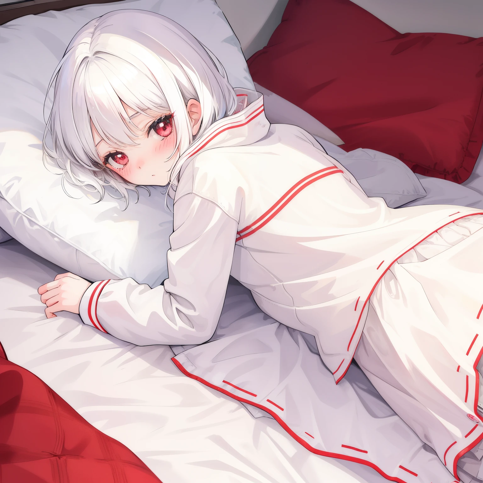 Girl with white hair Gamine childish elementary student girl with sisterhood red blush futon bedding Lie down