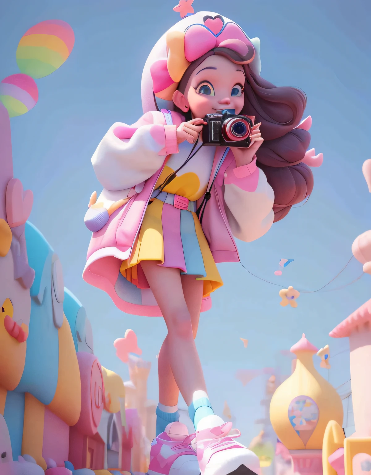There was a girl taking pictures of a castle, wide wide shot,disney animation,3d art works,pink camera and backpack,colorful striped sweater,With floral pattern and bow,reveal pearly whites,sweet smiling eyes,Bright patches of color,hip hop style,Imitation material,Vivid color scheme,Outdoor Scene,Background focal length 35mm f1.2, C4D,blender, High detail 8K