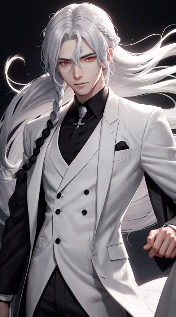 Male anime character with black long braided hair with white ombre, wearing a grey suit, red eyes