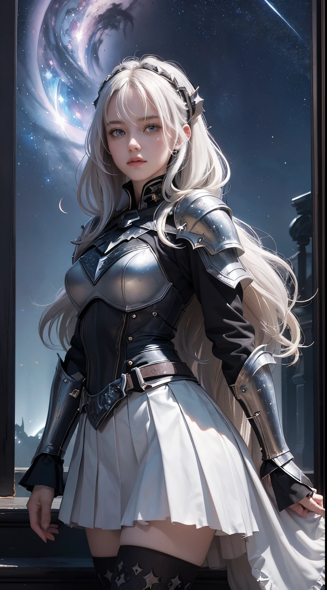 ((best quality, masterpiece)),
1girl, power pose, black and green necromancer plunging armor, white messy hair, sword, outdoor, night, moonlight, smokes on background, ((full moon ):0.5), medieval, fantasy, castle on background,