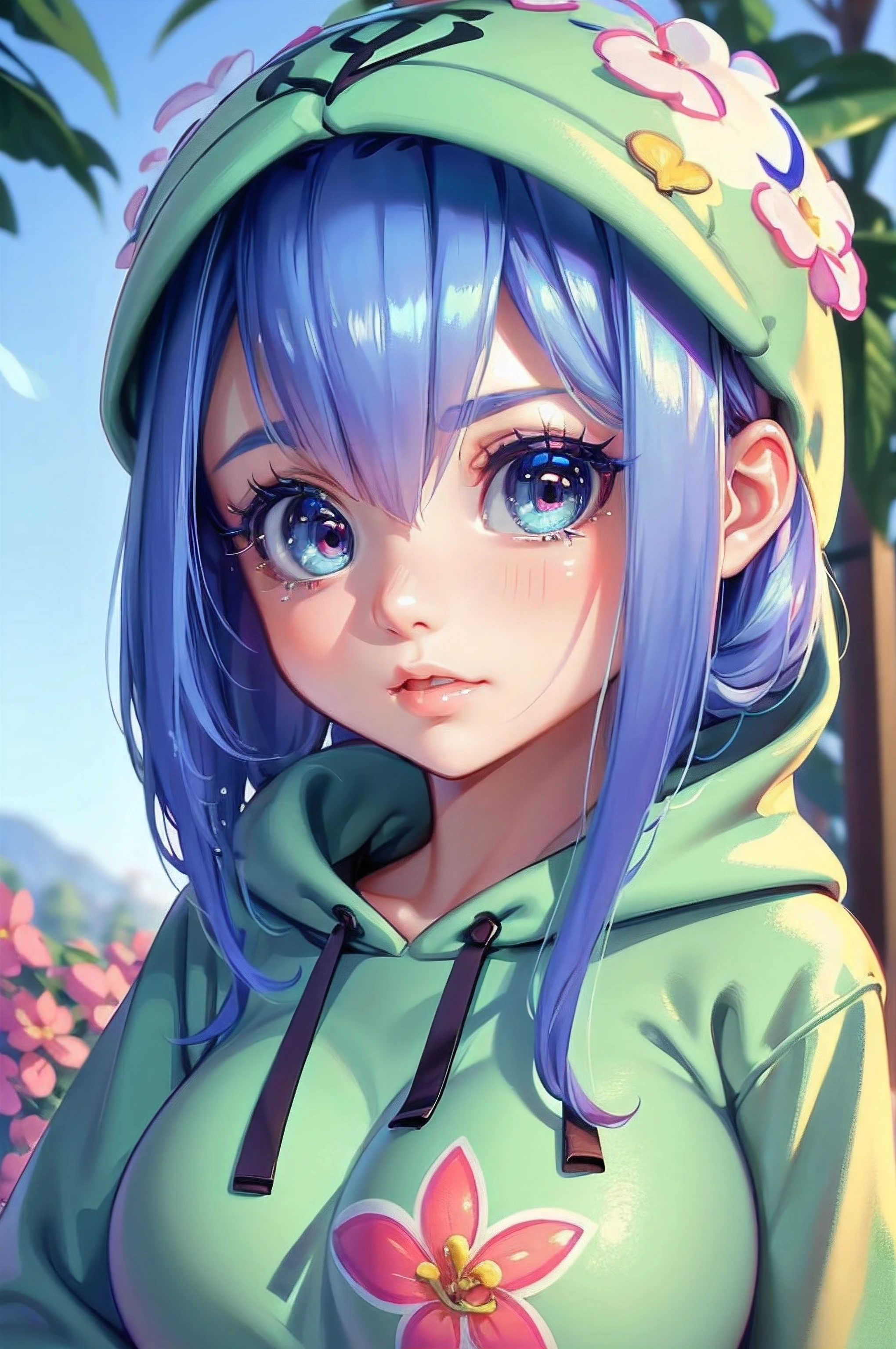 chibi girl with big breasts, blue hair and cap posing for a photograph, wearing only a huge hoodie, naked under the hoodie,illustrated,oil painting style,highly detailed,ultra-detailed face,beautiful detailed eyes,beautiful detailed lips,two beautiful detailed eyes and face,exquisite details,expressive emotions,vibrant colors,surrounded by flowers and plants,soft natural lighting,best quality,4k,highres,ultra-detailed,photo-realistic vivid colors,bokeh
