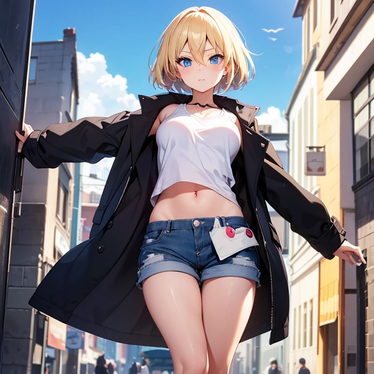 2D Anime Style、Blue eyes、breasts are slightly larger、Cool and beautiful adult woman with short blonde hair、full body Esbian、Winters、I'm wearing shorts, Tops that show your stomach、Wearing a coat