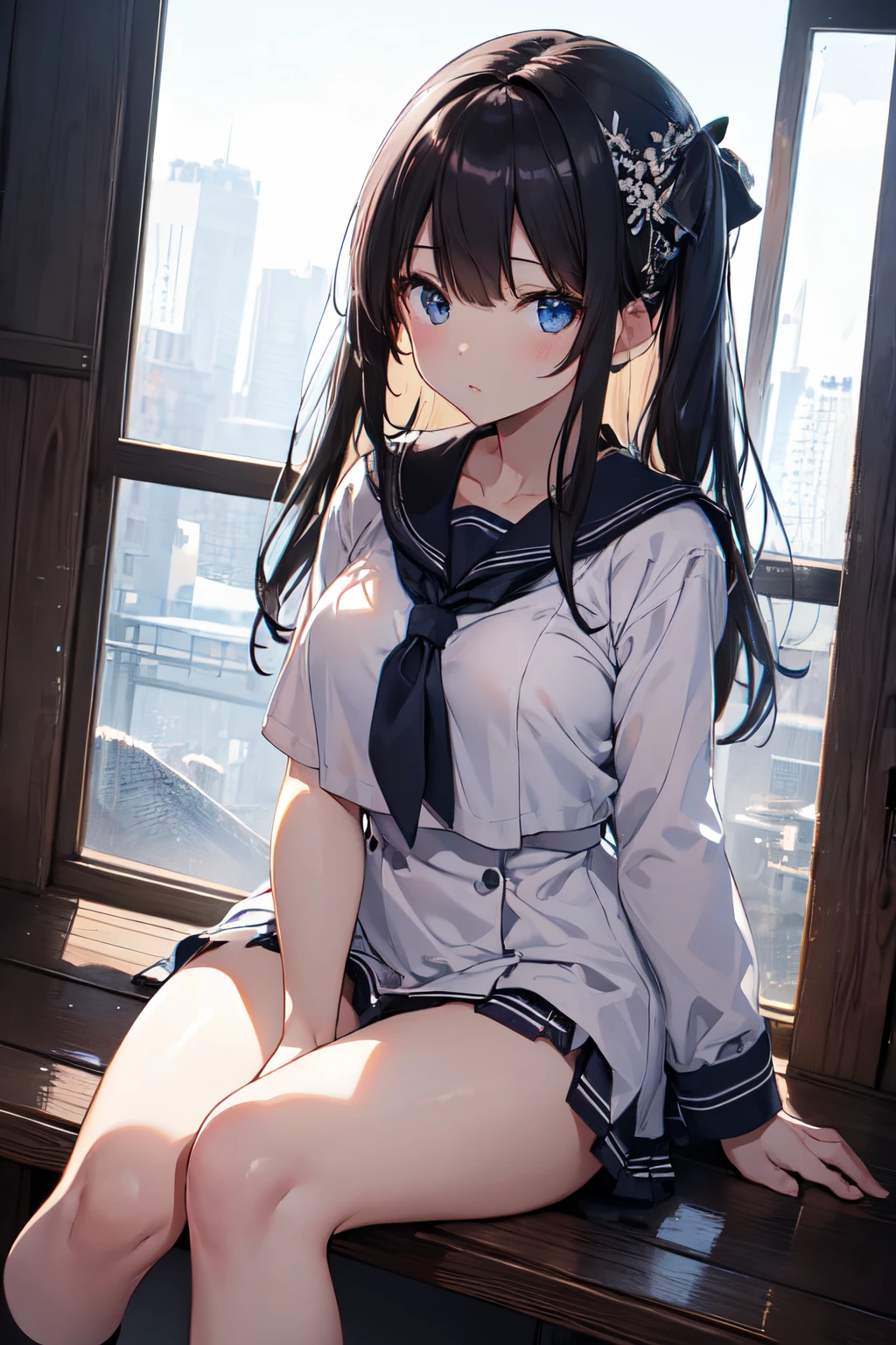 , Ultra-detailed、(8K, Raw photo, Best Quality, masutepiece:1.2), (Very detailed 8k wallpaper),Illustration、Professional Lighting,Sharp Focus, depth of fields、 NSFW、Clear eyes、perfect anatomia、girl with、12year old、、White panty、a sailor suit 、Plump thighs、black socks above the knee、huge tit、