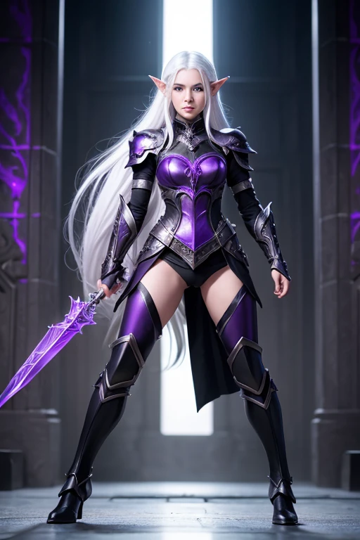 An Elf female with white hair, purple eyes, wearing black full armor, full body pose,