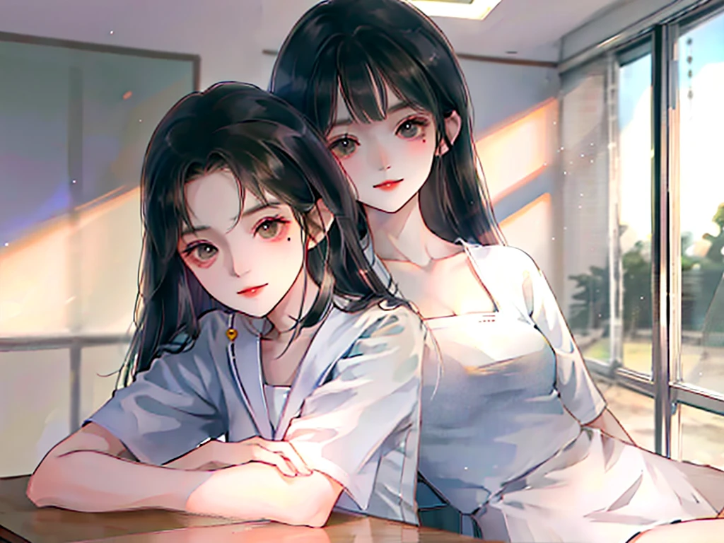 2-dimensional，bit girl, , small, female student, 校服, Superskirt, People who don't wear underwear, lying on the table, Undress, Small under breasts，There is a mole under the neck，Small bottom, ‎Classroom, ssmile, Stas, Volumetriclighting, rays of sunshine, bright，nipple play