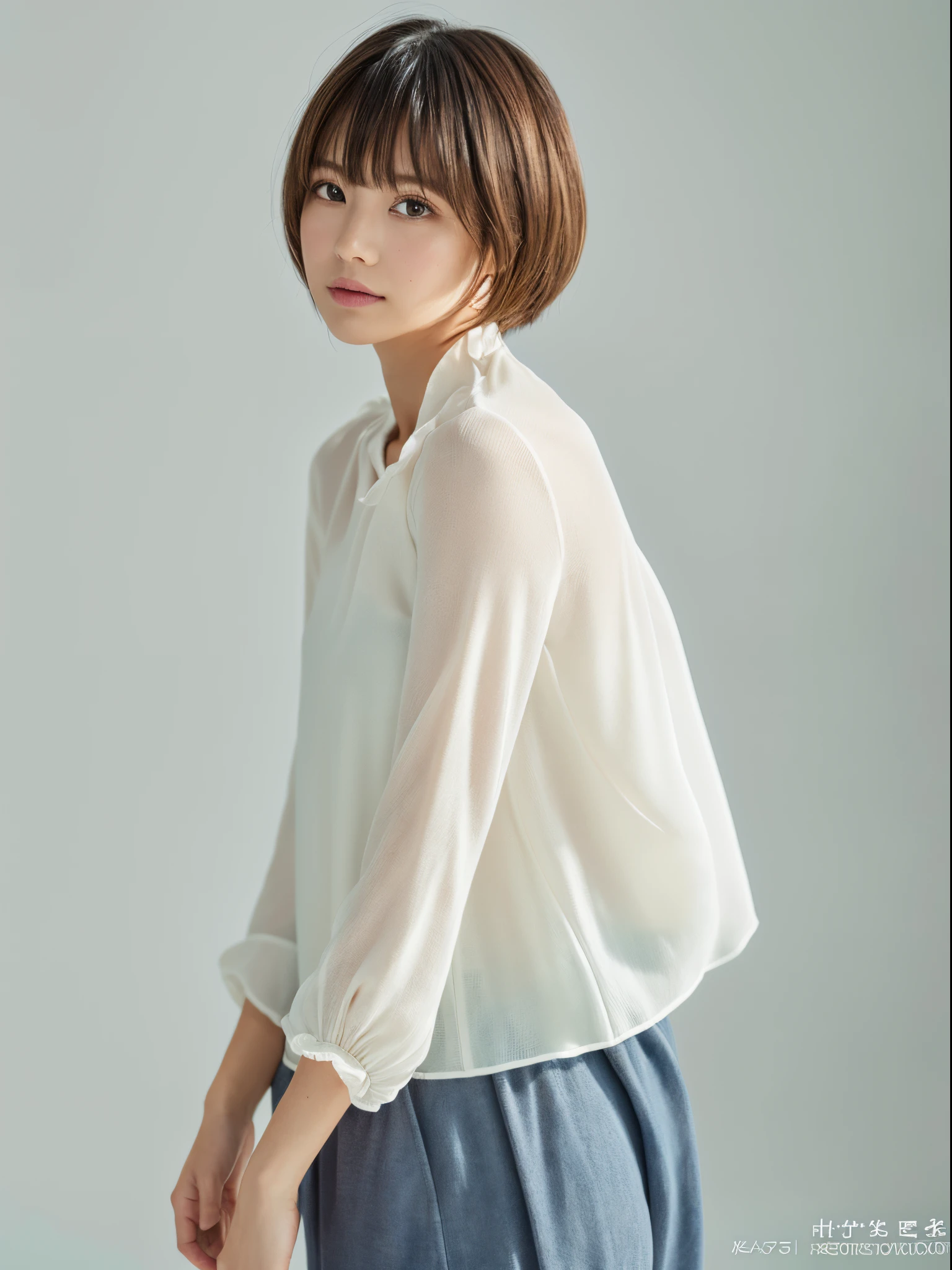 ((masterpiece,top-quality)), (photographrealistic:1.4),((masutepiece,8K)),hight resolution,Studio Soft Light, Rim Lights, vibrant detail, realistic skin textures,Japanese, 1 beautiful woman, short Hair, wave hair, faint thin bangs, make - up, 38 years old, Detailed skin, long-sleeve tunic blouse, wide-leg pants, Standing, White background, White Room,white walls, fully body photo, looking at viewer