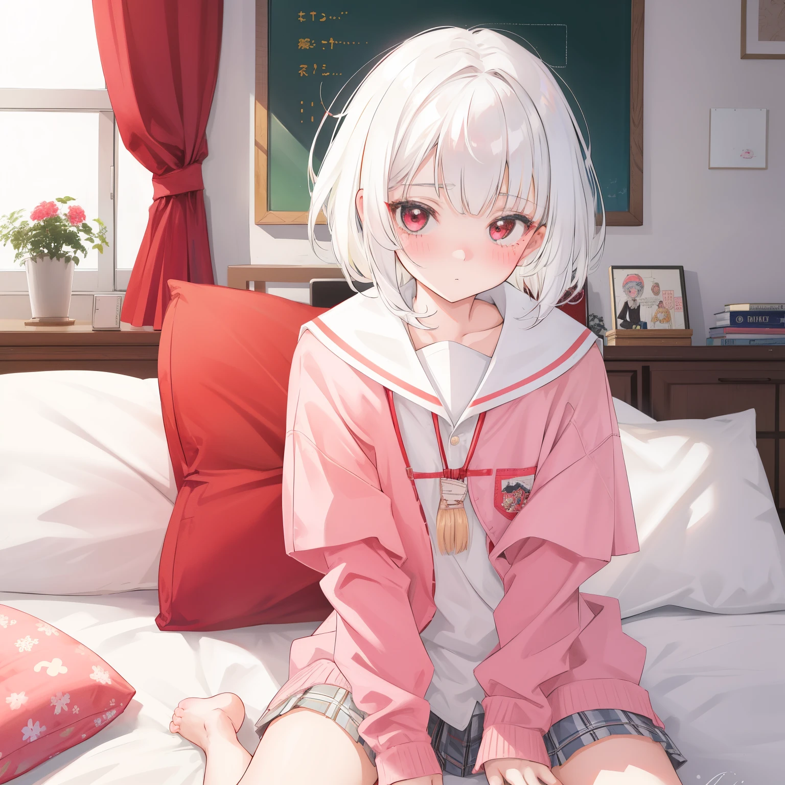 Girl with white hair　Gamine　childish　elementary student　girl with　red blush　futon bedding　Sit up