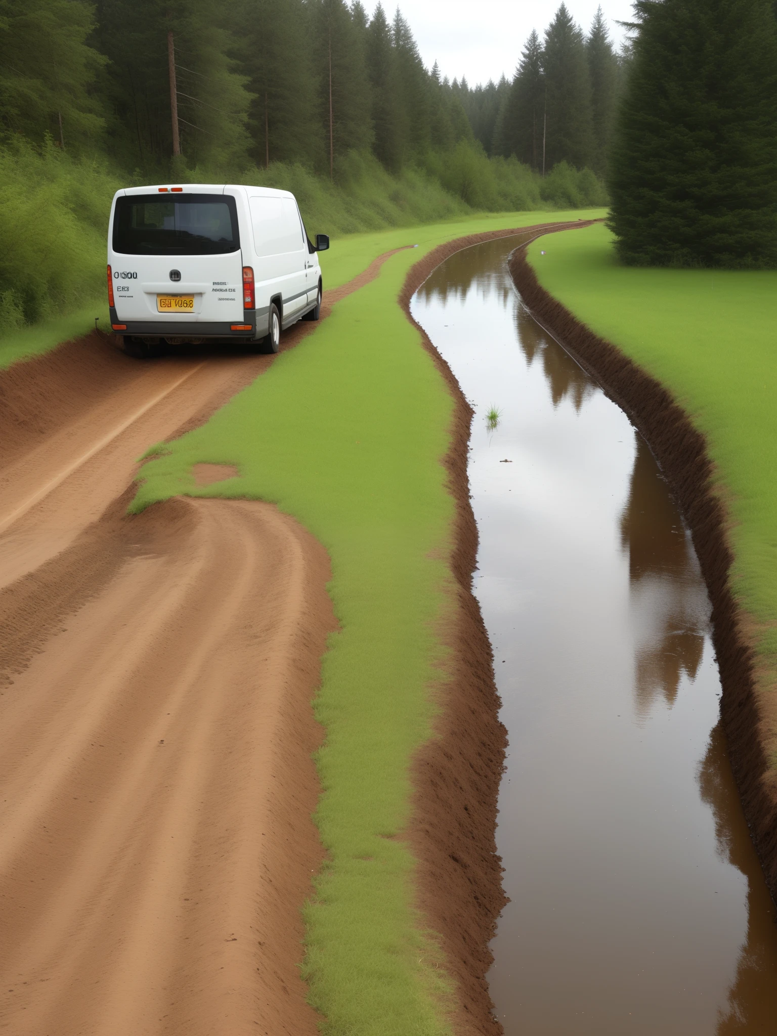 A water course ditch, running east to West, with a row of 10m high conifer trees running parallel behind it, a 500mm high earth bund and shingle filter drain running parallel in front of it, an construction vehicles in front of it, I want to demonstrate how the earth bund and filter drain protect the ditch from rain water run off and vehicle spills