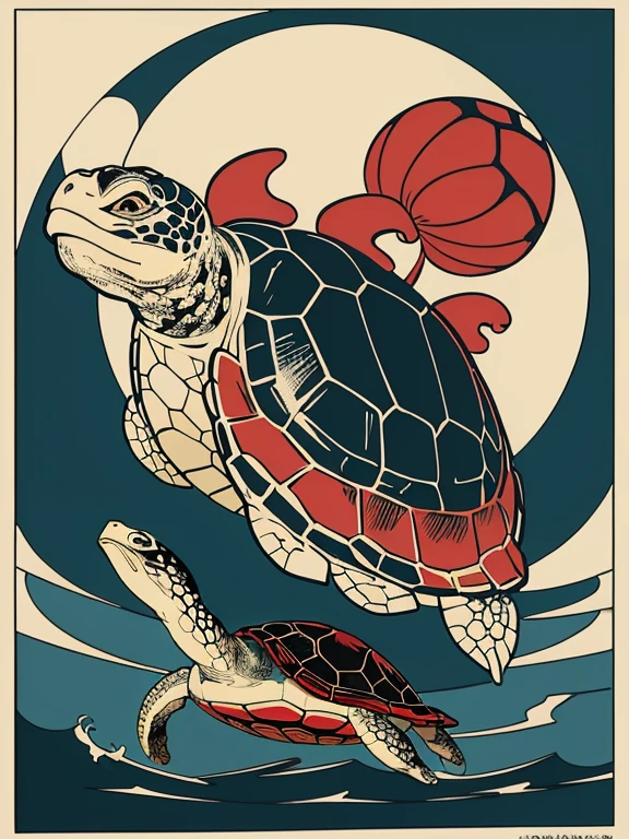 flat color, retro art style, ukiyo-e style, (turtle), Old, aged, faded,