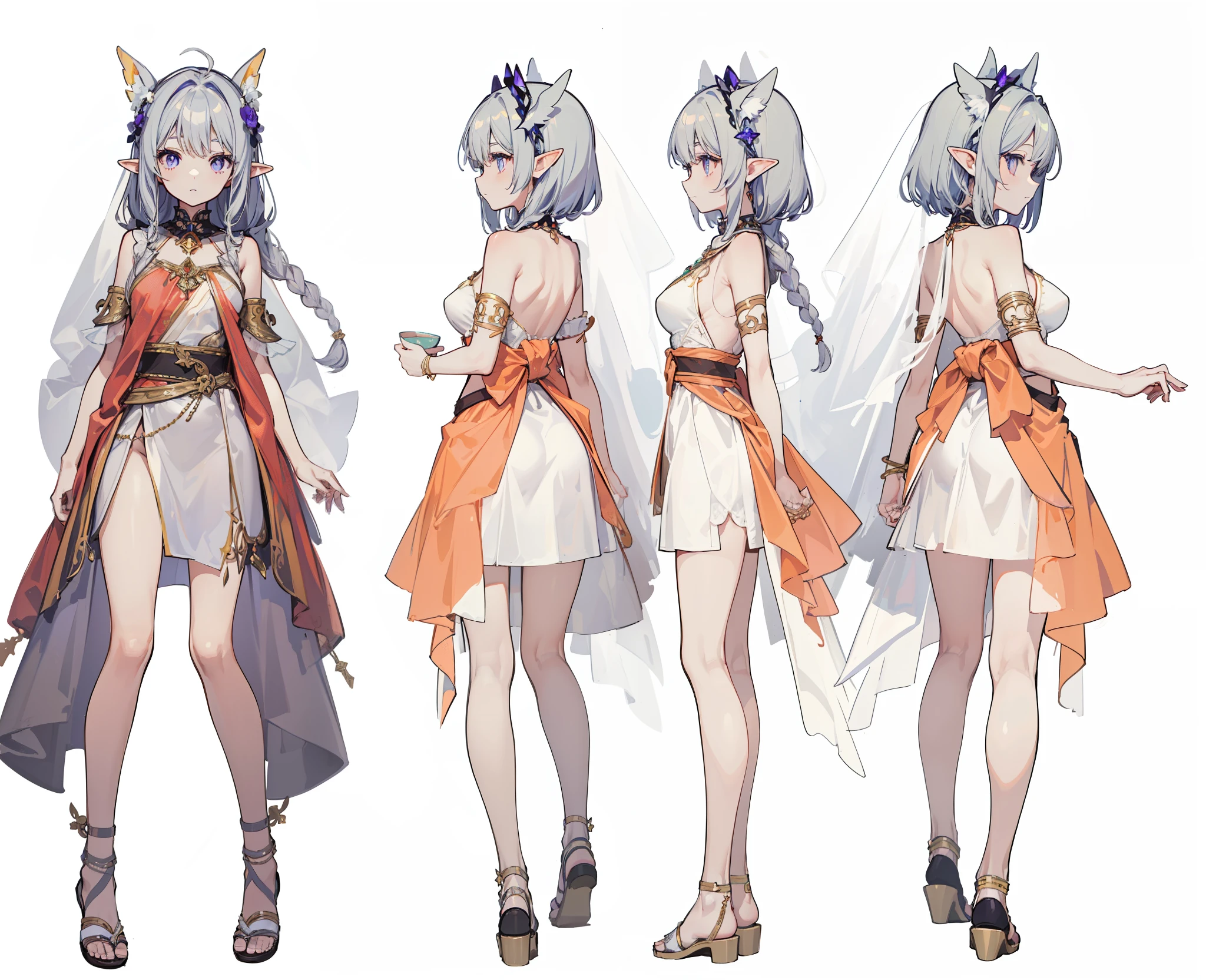 1girl, reference sheet, matching outfit, (fantasy character design, front angles, side angles, rear angles, solid white background) Sylara, elf, ethereal presence, silver hair cascading in intricate braids, adorned with subtle desert flowers, captivating amethyst eyes, wisdom and curiosity, slender figure, lean shape, well-shaped chest, Dawnfire Robes, Celestial Harmony Circlet, Sandswept Sandals, Mystic Moon Amulet, Stellar Veil. (Breasts: Small, Cup size: B), (Waist: Slim), (Hips: Narrow), (Stature: Slender), (masterpiece:1.2), (best quality:1.3).
