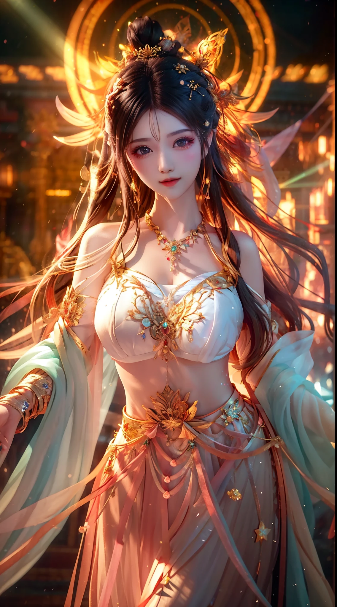best quality, masterpiece, highres, 1girl,blush,(seductive smile:0.8),star-shaped pupils,white dress,hair ornament,necklace, jewelry,Beautiful face,upon_body, tyndall effect,photorealistic, dark studio, rim lighting, two tone lighting,(high detailed skin:1.2), 8k uhd, dslr, soft lighting, high quality, volumetric lighting, candid, Photograph, high resolution, 4k, 8k, Bokeh,huge tits,wide hips,(nsfw:0.6),