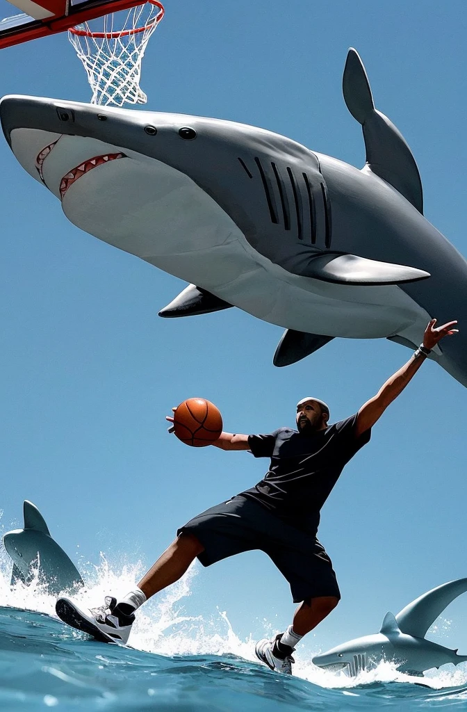 Kanye West dunking a basketball over some sharks