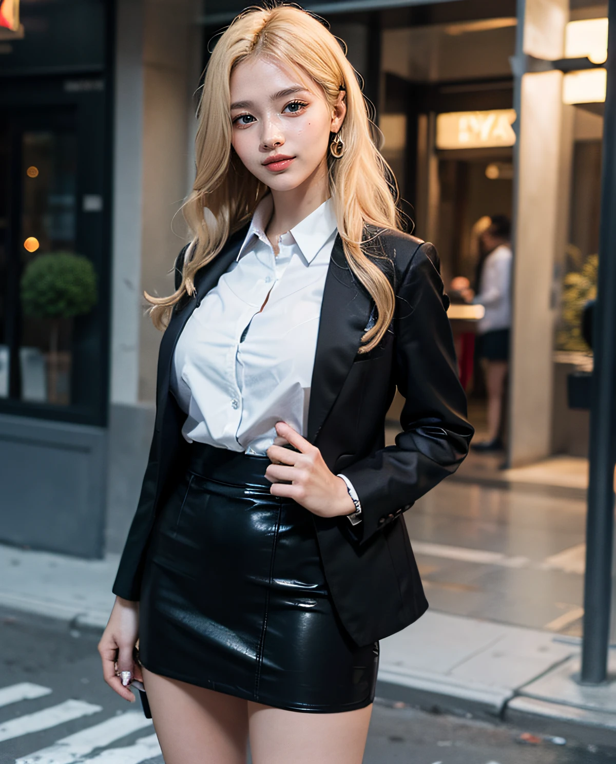 1girl, (Blue eyes), (Smile), (Sana Minatozaki), wide hips, Big Boobs, big ass, round butt, (Best Quality, 8k, Masterpiece: 1.3), perfect hands, Clear Focus: 1.2, Perfect Body Beauty: 1.4 , Slender Abs: 1.2, Highly detailed face and skin texture, detailed eyes, double eyelids, (blonde long hair), ((Black formal mini skirt :1.)), ((brown formal blazer :1.2)), (high heels), (sexy executive woman :1.3), standing, varied pose, next to a luxurious building