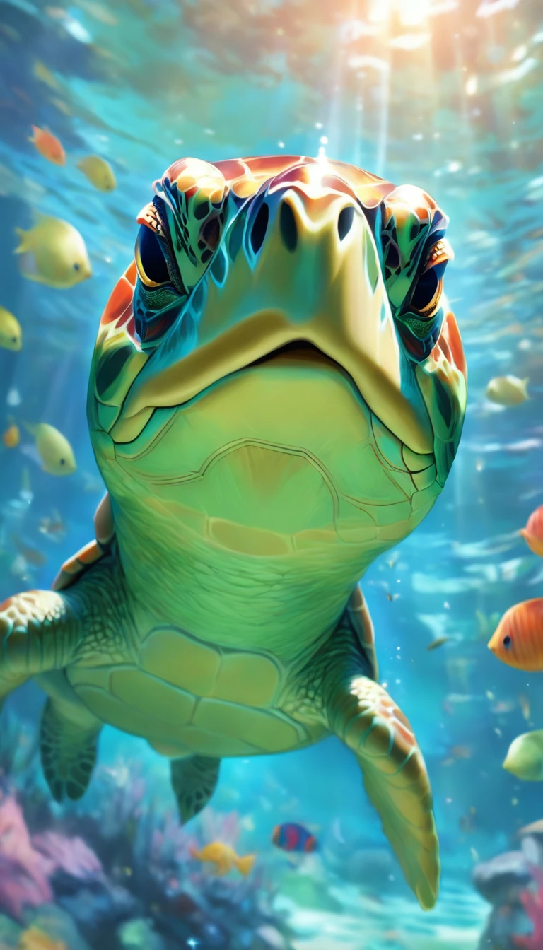 (high-res,realistic,photorealistic:1.2),realistic anthropomorphic turtle character,brown-eyed detailed turtle,green skin,soft-shell,human-like expression,turtle neck,polished shell,strong limbs,steady posture,wise and intelligent gaze,reptilian texture,underwater environment with coral reefs and tropical fish,natural light and shadows,emerald green color palette,smooth and glossy appearance,illustration style,blurry background,clear focus on the turtle character