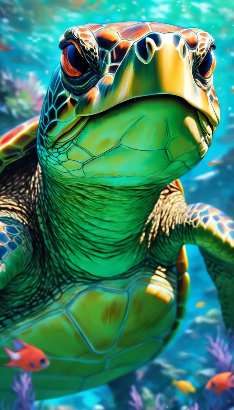 (high-res,realistic,photorealistic:1.2),realistic anthropomorphic turtle character,brown-eyed detailed turtle,green skin,soft-shell,human-like expression,turtle neck,polished shell,strong limbs,steady posture,wise and intelligent gaze,reptilian texture,underwater environment with coral reefs and tropical fish,natural light and shadows,emerald green color palette,smooth and glossy appearance,illustration style,blurry background,clear focus on the turtle character