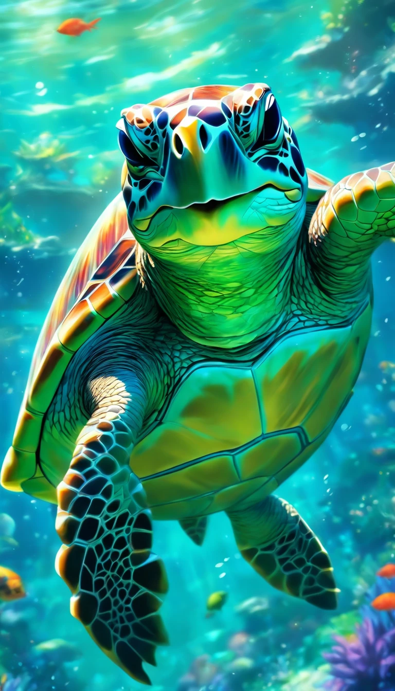 (high-res,realistic,photorealistic:1.2),realistic anthropomorphic turtle character,brown-eyed detailed turtle,green skin,soft-shell,human-like expression,turtle neck,polished shell,strong limbs,steady posture,wise and intelligent gaze,reptilian texture,underwater environment with coral reefs and tropical fish,natural light and shadows,emerald green color palette,smooth and glossy appearance,illustration style,blurry background,clear focus on the turtle character