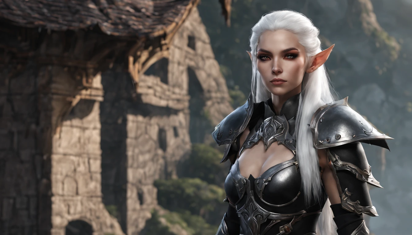 An Elf female with white hair, wearing black full armor, full body pose,