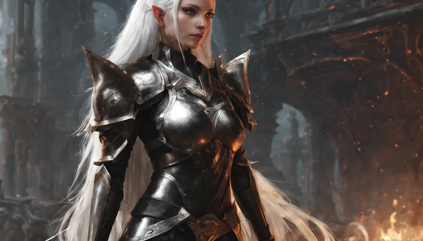 An Elf female with white hair, wearing black full armor, full body pose,