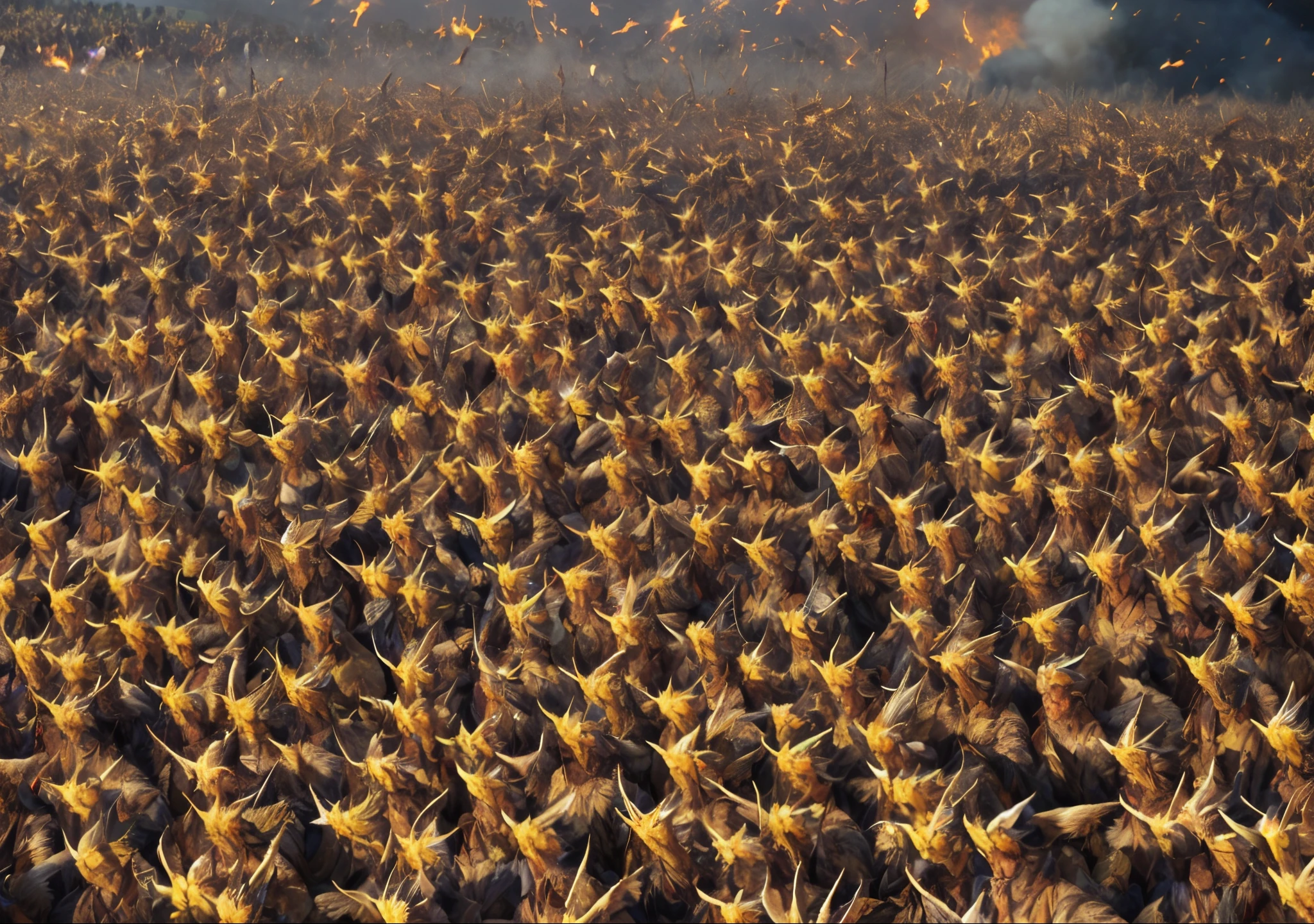 A vast army of manly archangels, com grandes asas de fogo, empunhando espadas, vestindo armadura dourada com detalhes pretos e dispostos em fileiras, alta qualidade,8k