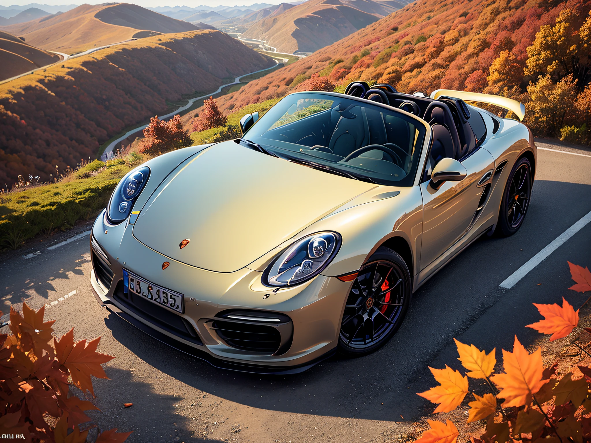超A high resolution、An ultra-high picture quality、8K、Detailed details、marvelous expression、Late autumn valley、Beautiful autumn leaves、A black car runs gracefully on a mountain pass road、((Porsche Boxster GT Carrera))