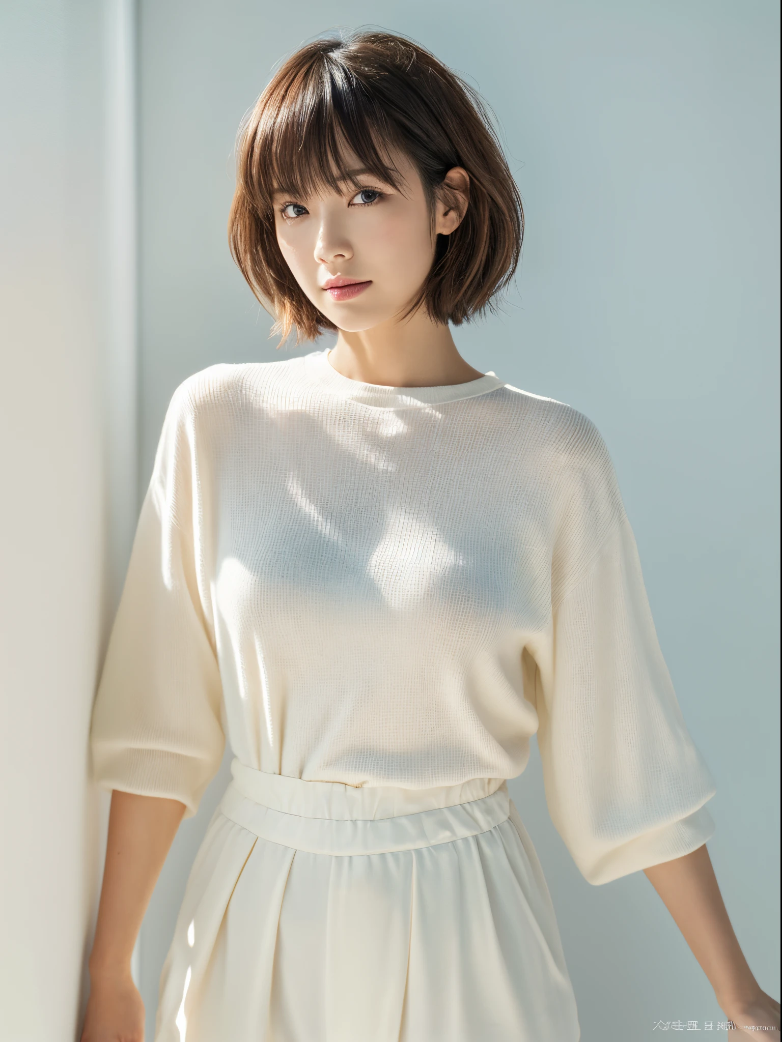 ((masterpiece,top-quality)), (photographrealistic:1.4),((masutepiece,8K)),hight resolution,Studio Soft Light, Rim Lights, vibrant detail, realistic skin textures,Japanese, 1 beautiful woman, short Hair, wave hair, faint thin bangs, make - up, 38 years old, Detailed skin, long-sleeve tunic blouse, wide-leg pants, Standing, White background, White Room,white walls, fully body photo, looking at viewer