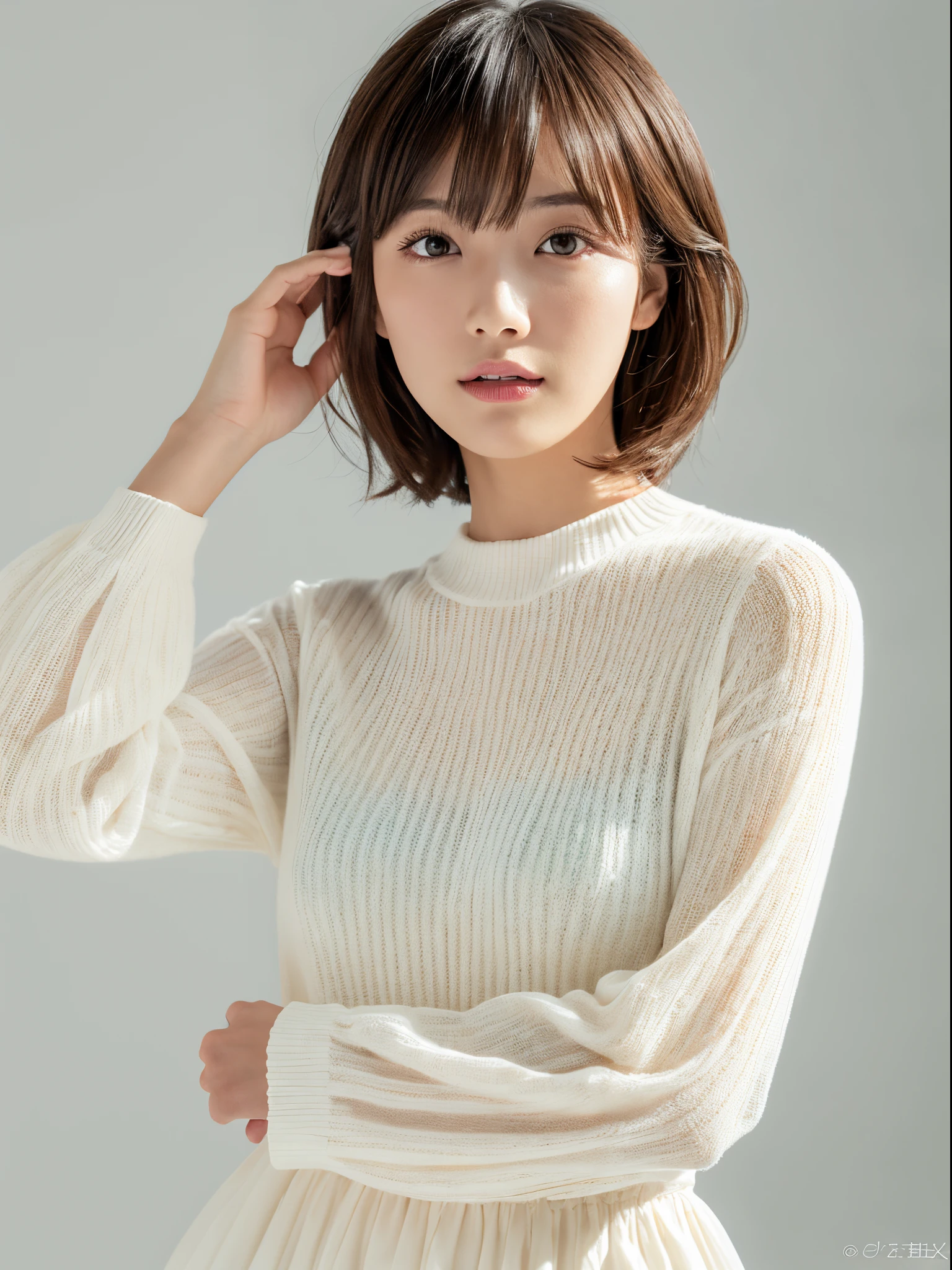 ((masterpiece,top-quality)), (photographrealistic:1.4),((masutepiece,8K)),hight resolution,Studio Soft Light, Rim Lights, vibrant detail, realistic skin textures,Japanese, 1 beautiful woman, short Hair, wave hair, faint thin bangs, make - up, 38 years old, Detailed skin, long-sleeve tunic blouse, wide-leg pants, Standing, White background, White Room,white walls, fully body photo, looking at viewer