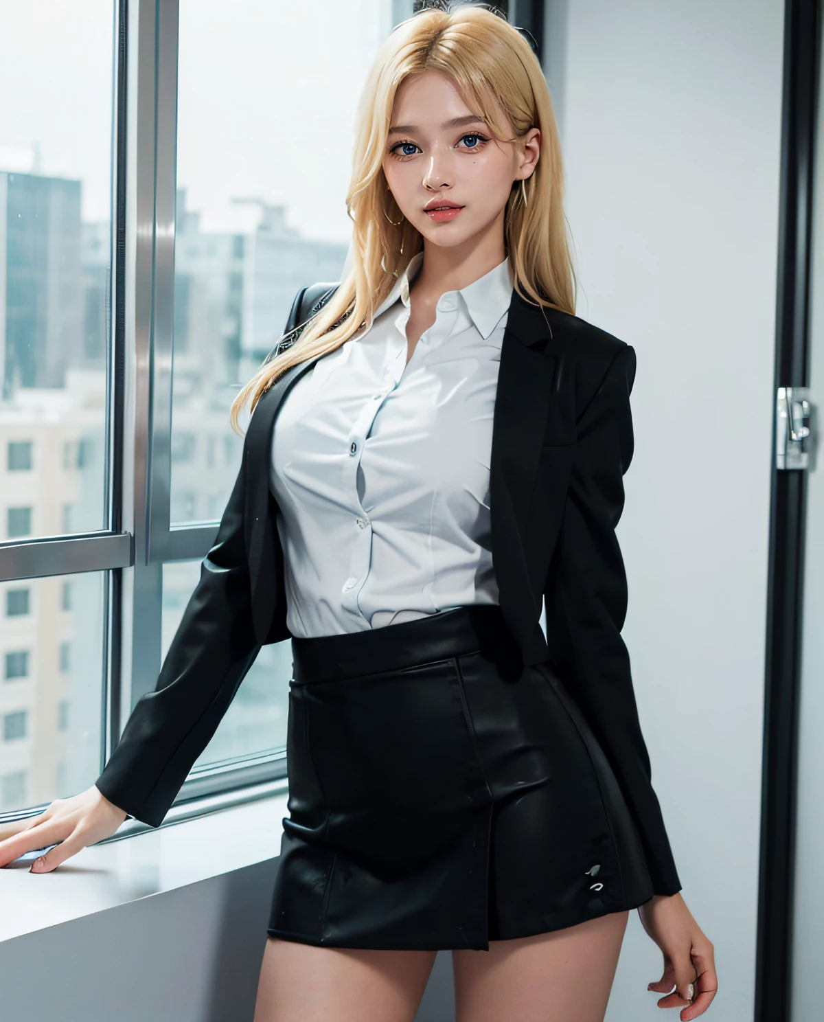 1girl, (Blue eyes), (Smile), (Sana Minatozaki), wide hips, Big Boobs, big ass, round butt, (Best Quality, 8k, Masterpiece: 1.3), perfect hands, Clear Focus: 1.2, Perfect Body Beauty: 1.4 , Slender Abs: 1.2, Highly detailed face and skin texture, detailed eyes, double eyelids, (blonde long hair), (black formal mini skirt, white secretary shirt and black blazer :1.3), (sexy secretary :1.3), standing, dynamic pose, in an office, windows in the background