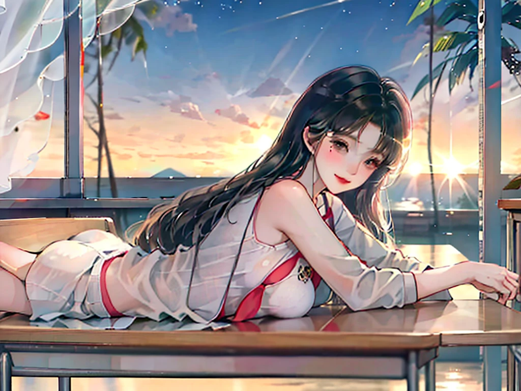 2.5-Dimensional,bit girl, , small, female student, 校服, Superskirt, People who don't wear underwear, lying on the table, Undress, Small under breasts,There is a mole under the neck,Small bottom, Classroom, ssmile, Stas, Volumetriclighting, rays of sunshine, bright,nipple play