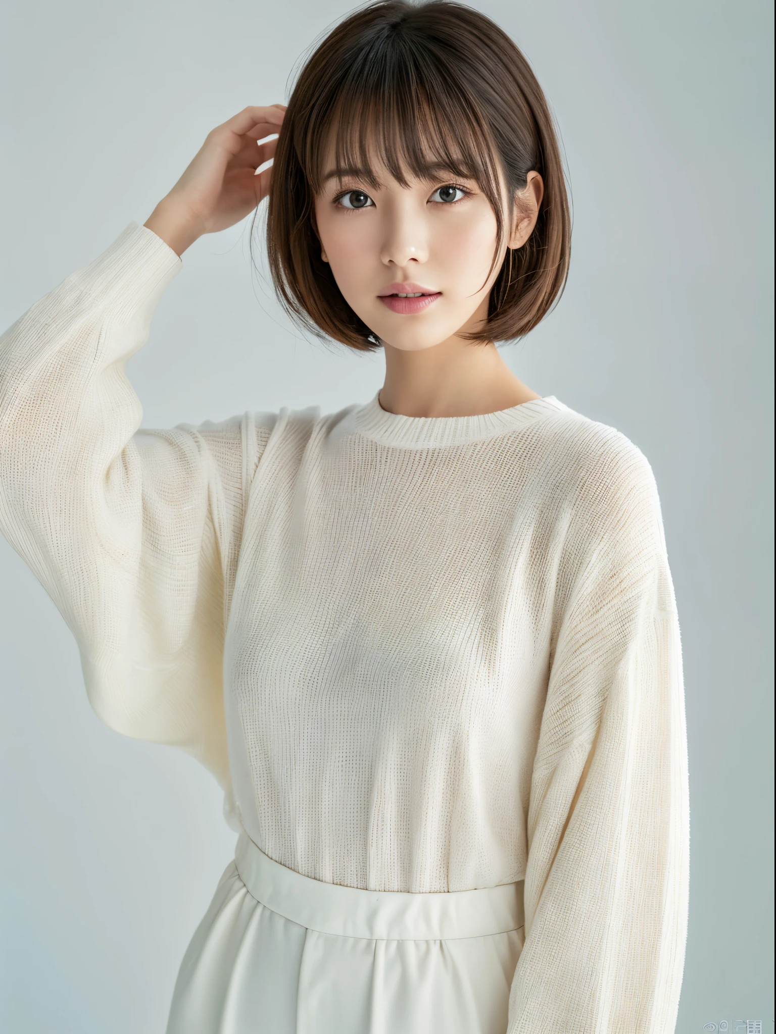 (Highest quality, 8K, 32k, masterpiece, Ultra-high resolution:1.2),Beautiful Japanese Women Photos, Blonde、Rainbow clothes、Rainbow hoodie、Large Breasts, Very short bob hair,Gray Hair, Simple Background, From above, View your viewers,White Hair、White background、Colorful clothing、whole body、whole bodyのポートレート、piece,Blonde