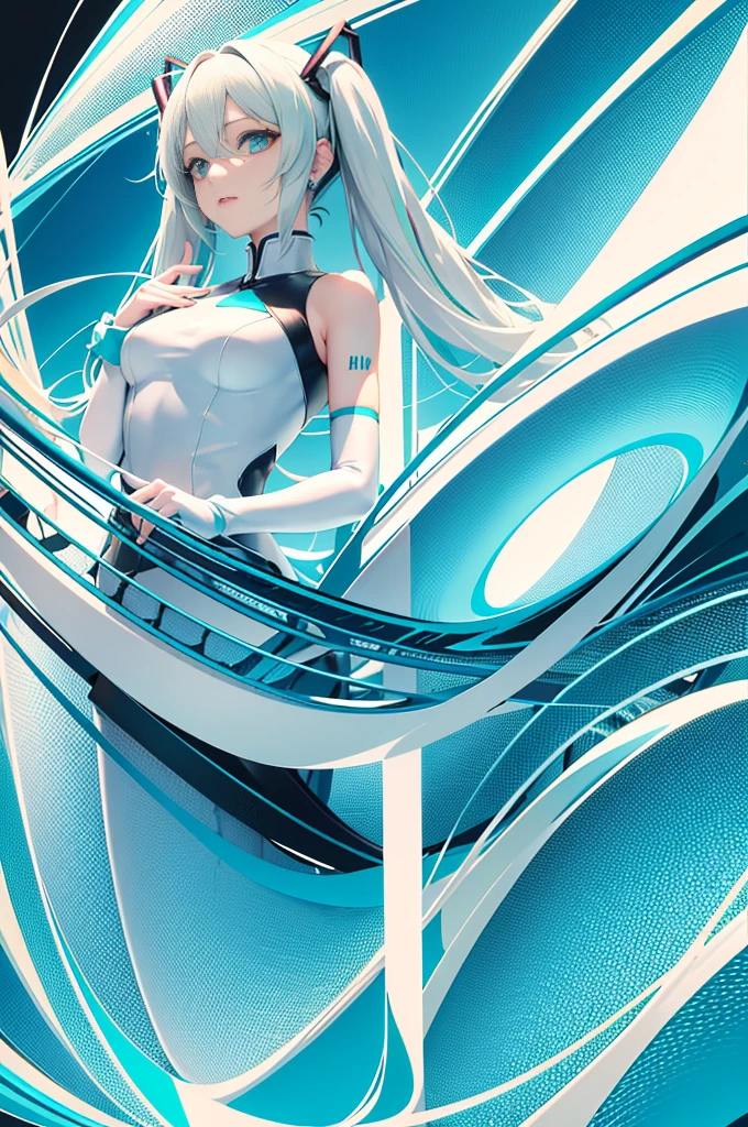 miku hatsune、absurderes, Hi-Res, The ultra-detailliert, 1girl in, 独奏,, Ultra-precise depiction,, (dynamicposes), (Abstract background:1.5), , short platinum blonde, (Glossy skin), multi colored, The upper part of the body, (From  above),Music、Light blue paper、stay character、livestream,
